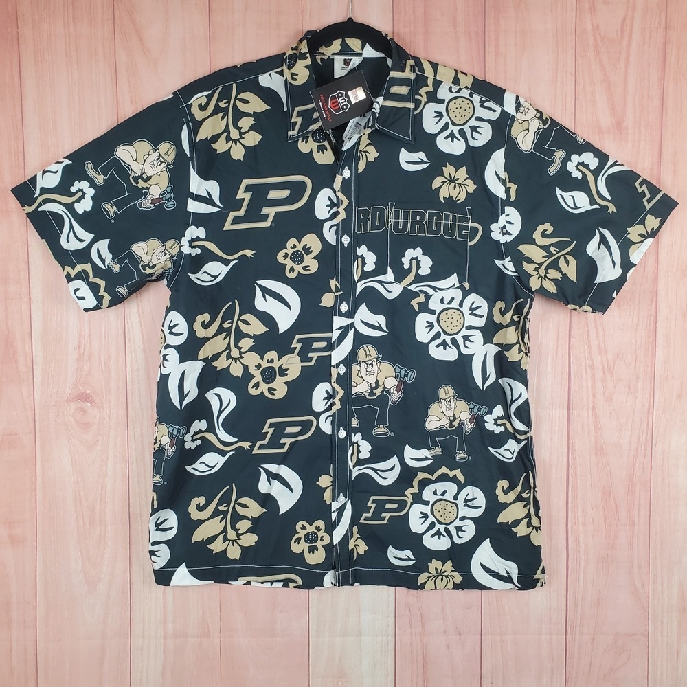 Wes & Willy Men Shirt Large Gray Black Gold Floral Button Up Purdue Boilermakers